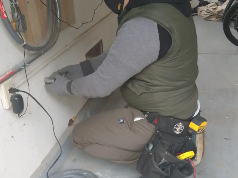 Electrician performing outlet wiring in a Tallmadge garage